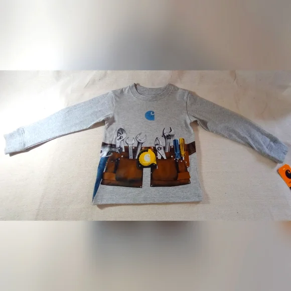 2T Carhartt Gray Long Sleeve Kids Shirt with Tool Belt Graphic And Logo - Picture 1 of 3